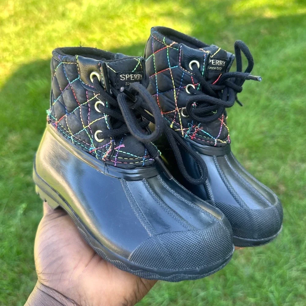 Sperry Port Boot Toddler Girl Duck Boots Size 9 Black Rainbow Winter Boots